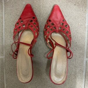 Vintage Red Leather Slingback Heeled Sandals